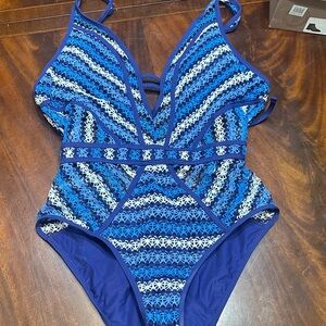 BECCA Vibrant Blue and Cream Crochet One Piece Swimsuit
